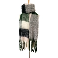 Winter chunky plaid tassel scarf in green, white, and black checkers on a wooden stand - 190x50+15cm / Dark Green