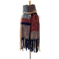 Thick knit plaid scarf with long fringes in blue, orange and beige color block design - 190x50+15cm / Navy Brown