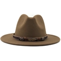 Brown wide brim felt hat with ethnic woven band and antique bronze feather pendant - Khaki