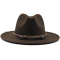 Brown wide brim wool fedora with bohemian ethnic band and golden feather charm - Coffee