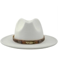 White wide brim felt fedora hat featuring a brown woven band with a gold feather buckle - White