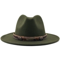 Detail of dark green fedora hat featuring ethnic woven band and bronze feather pendant - M(56-58cm) / Green