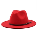 Detail of red wool felt fedora featuring a black leather band and gold stud accent - M(56-58cm) / Red