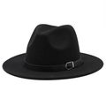 Detail of a black wide brim fedora hat with a thin leather band and silver buckle - M(56-58cm) / Black