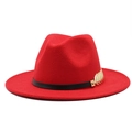 Detailed view of red wool jazz hat with a black leather band and golden metal leaf detail - M(56-58cm) / Red