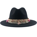 Black wool fedora with bohemian ethnic woven band, tassels, and shell accents - Black
