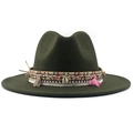 Olive green wide brim felt fedora hat featuring bohemian tassels and shell accents - M (56-58cm) / Green