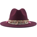 Classic burgundy wool fedora hat with bohemian ethnic braided band and shell charms - Burgundy
