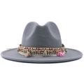 Gray wool fedora hat with bohemian braided band and decorative shell charms - Gray