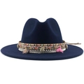 Navy blue wide brim wool fedora hat featuring boho shell and colorful tassel trim - Navy Blue