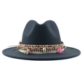 Black wool fedora hat featuring a bohemian woven band with shells and pink tassels - Dark Gray