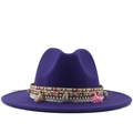 Classic dark purple wool fedora hat with bohemian shell and colorful tassel band - Purple