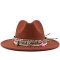 Caramel wide brim wool fedora hat with bohemian woven band and fringe accents - Caramel color