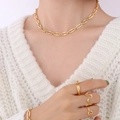18K gold plated titanium steel jewelry set with geometric chain necklace and rings - Gold Full Jewelry Set (Necklace Bracelet Rings)-P1158