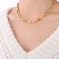 Minimalist 18K gold plated stainless steel hollow oval link chain necklace worn on model - Gold Hollow Oval Link Choker-P1160