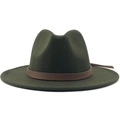 Detail of dark green wide-brim wool fedora hat with brown snakeskin pattern decorative band - Dark Green