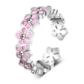 Anello aperto in argento con fiore in smalto rosa e motivo a foglia su sfondo bianco - Aperto Regolabile / Rame placcato oro bianco