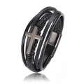 Men's multilayer leather bracelet with matte metal cross charm and magnetic clasp - 21cm / Black