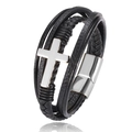 Detail of black leather braided bracelet with silver cross and magnetic clasp - 21cm / Steel