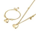 Double-layer 18K gold plated stainless steel necklace and bracelet set with heart pendants - Gold (KS133363-Z)