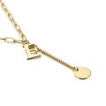Gold stainless steel letter E necklace with round disk charm and mixed chain link - Initial E(KN114957-Z)