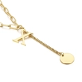 Gold stainless steel necklace with paperclip chain, round tag, and letter X pendant - Initial X(KN114976-Z)