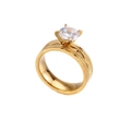 Minimalist gold titanium steel ring with wide geometric pattern and round solitaire zircon - US 6 / Gold Color Women Style - Zirconia Inlaid (KR86354-K)
