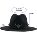 Cappello di paglia nero stile Fedora con fascia etnica e teschio di toro argento per la spiaggia - M (56-58cm) / Nero