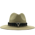 Classic straw sun hat with ethnic band and silver bull head ornament for beach travel - M (56-58cm) / Beige
