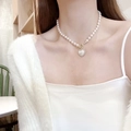 Elegant pearl heart pendant necklace with gold OT buckle and sparkling rhinestones - Pearl Heart Pendant Necklace with OT Buckle
