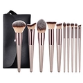 Detailed set of 10 rose gold makeup brushes with brown bristles and a black storage pouch - Black Bag / Champagne / 10 Piece Set