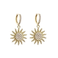 Gold sun-shaped earrings set with micro-pave cubic zirconia crystals on white background - Gold Earrings