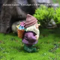 Miniature garden gnome figurine with purple shirt and flower basket 3x3x4.8cm - Gnome with Backpack Basket