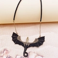 Vintage gold and black dragon pendant necklace with rock wing design on leather cord - Vintage Gold Black Dragon Pendant