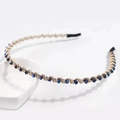 Detailed macro of crystal headband with deep blue beads and gold accents on white base - Royal Blue