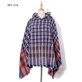 Hooded plaid poncho featuring dark blue and orange checkered pattern with fringe - DP2-01# Navy Blue Plaid