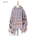 Women's plaid hooded poncho with fringe trim in beige and pink textured bouclé yarn - DP2-02# Pink White Plaid