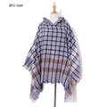 Plaid hooded poncho cape in purple and blue knit with tassel hem detail - DP2-06# Blue Plaid