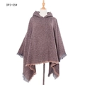 Autumn winter hooded knit poncho in brown marl with tassel fringe detail on model - DP3-05# Brown Heather