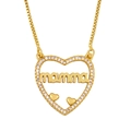 Gold heart pendant necklace with mamma lettering and white zircon pavé on box chain - White Zircon