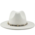 White wool fedora hat with leopard print band and gold star accessory for unisex - White