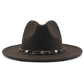 Detail of dark brown fedora hat featuring leopard band with metal buckle and star charm - Coffee