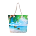 Linen canvas beach tote with tropical palm print and rustic beige rope handles - Palm Tree & Seagull
