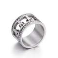 Silver hollow figure wide band ring with double rows of white crystals in steel - US 6 / Silver Hollow Figure Decoration (KR44193-K) / Silver