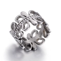 Chunky hollow leaf-shaped titanium ring in silver finish with pavé set rhinestones - US 6 / Silver