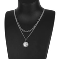 Double-layered stainless steel necklace featuring a sun face pendant on a black bust - Silver Style (KN201278-Z)