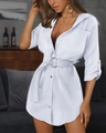 Detail of light blue shirt dress featuring small lapel, buttons, and matching belt with metal buckle - S / White