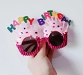 Pink cupcake-shaped Happy Birthday sunglasses with glitter frames for party favors - Pink Glitter Birthday