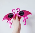Pink flamingo party sunglasses with glitter finish and dark round lenses for summer fun - Glitter Rose Flamingo
