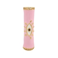 Dettaglio macro del ciondolo occhio rosa in smalto con placcatura oro 18K e zirconi - Rosa